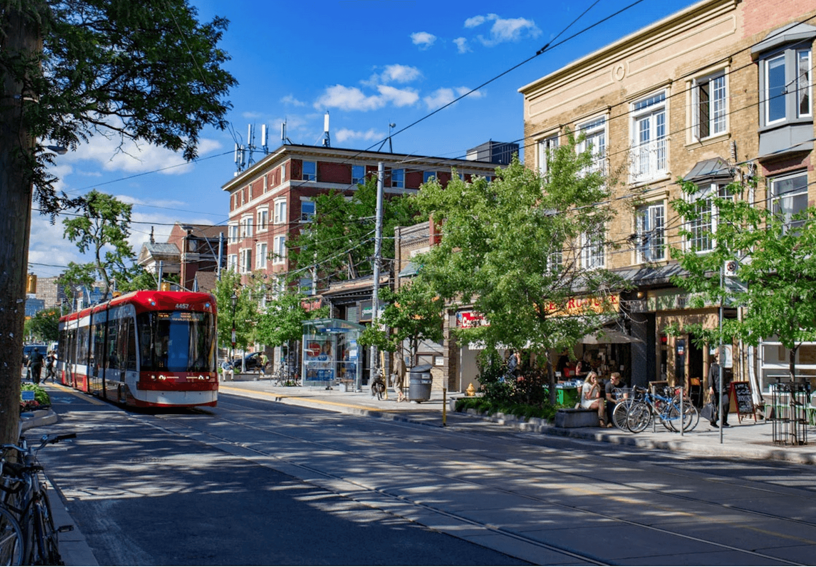 Toronto streetscape with streetcar and vibrant neighbourhood